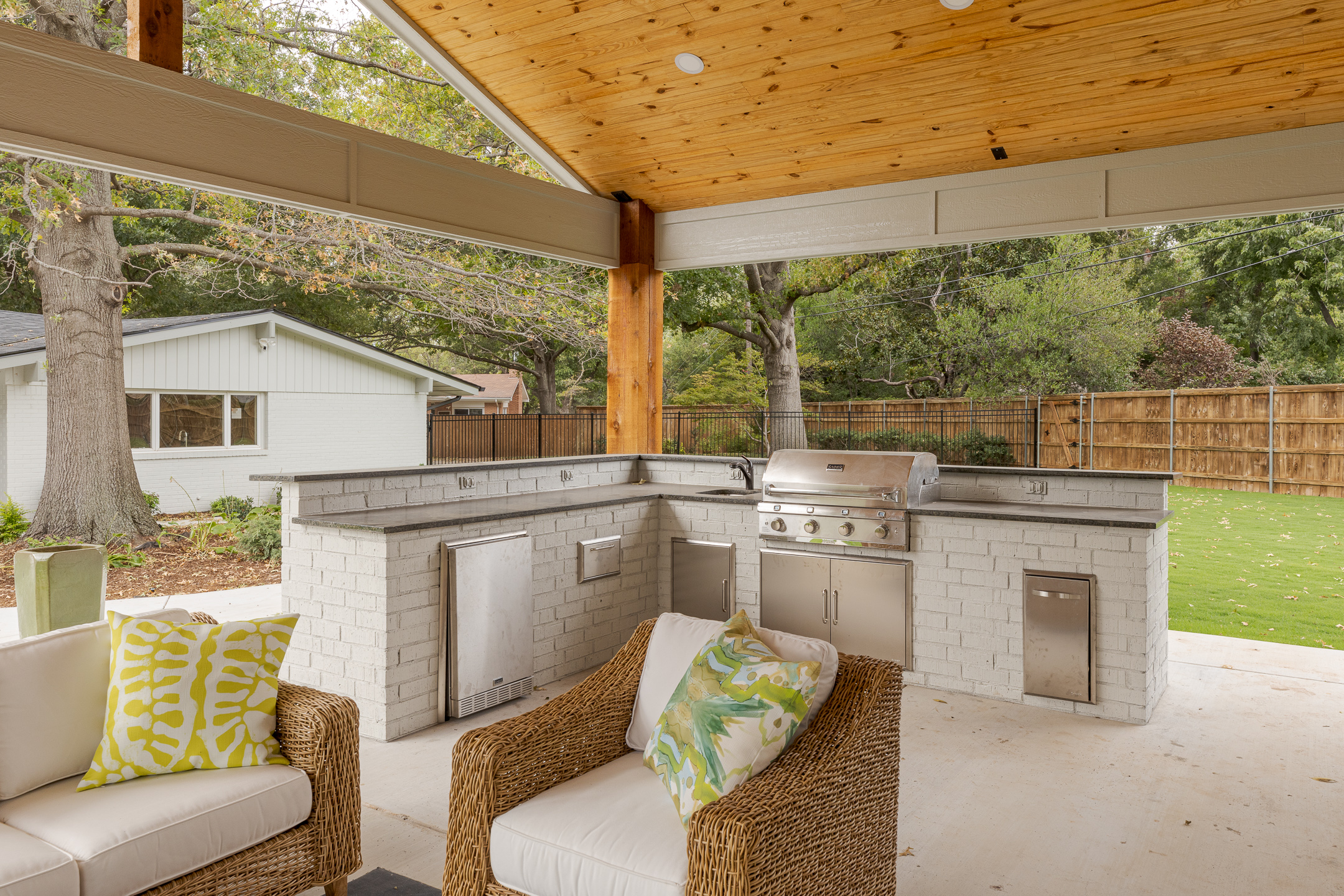 Outdoor living room and kitchen from interior Brent Swift and SwiftCo in Norman, Oklahoma. Purpose is to show our quality of work.
