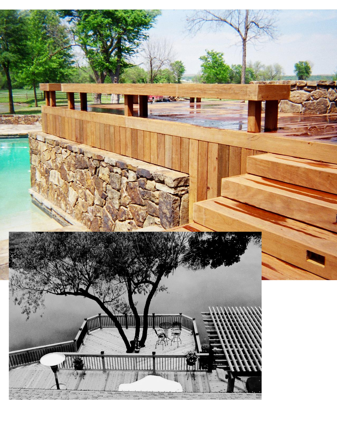 Stacked image of decks. Top image is full color, wood deck with built-in stone firepit and stone retaining wall over custom in-ground pool. Bottom image in black and white, view from above looking down at custom two-level deck with pergola and tree cut-out, overlooking lake. Outdoor Living design + build by SwiftCo + Deckworks in Norman, Oklahoma. Purpose is to show our quality of work.