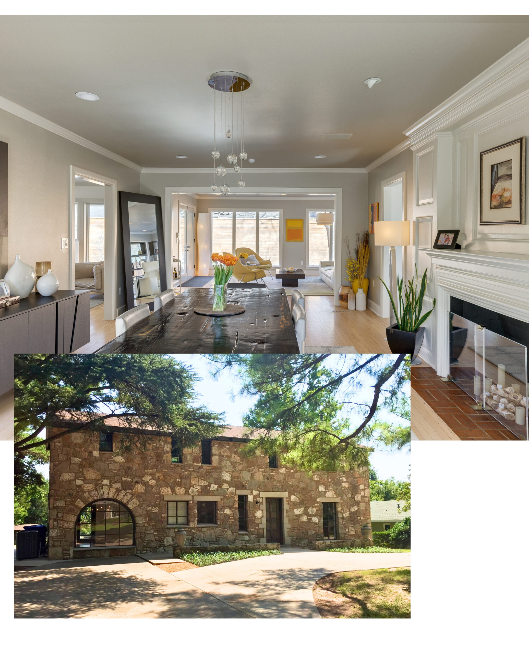 Two images, stylistically stacked on top of each other. The top image is a photo of a historic home interior living and dining space, fully renovated and updated for a luxurious tradtional experience. The bottom image is a photo of the exterior of a historic stone home in Norman, Oklahoma. Renovation by Brent Swift + SwiftCo in Norman, Oklahoma. Purpose is to show our quality of work.