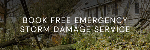 Request your free Emergency Storm Damage Service with homes hit by trees in background of image.